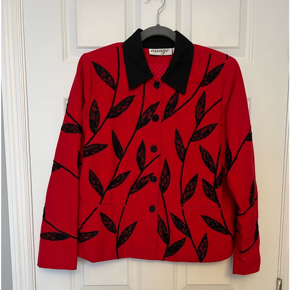 Unique embroidered red jacket. Fun for special event or holiday party.